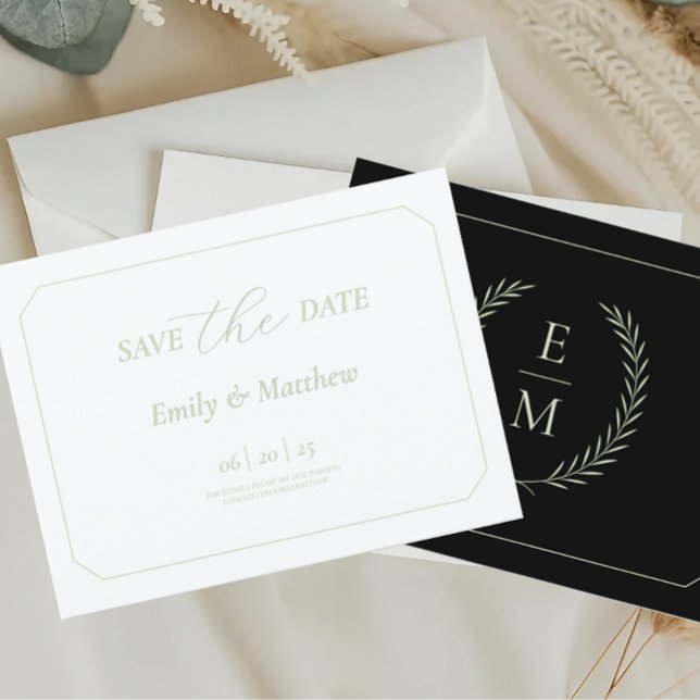 Cartão Postal De Anúncio Minimalist Black and Sage Wedding Save The Date (Criador carregado)