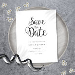Cartão Postal De Anúncio Minimalista preto e branco Salvar a data<br><div class="desc">Este minimalista salve a data card contém um belo script para salvar a data acima de seus detalhes definidos em texto elegante. Projetado por Thisnotme©</div>