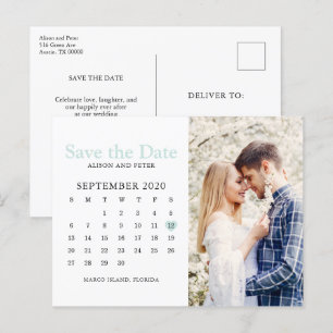 Cartão Postal De Anúncio Mint Wedding Salvar a Foto do Calendário de Data