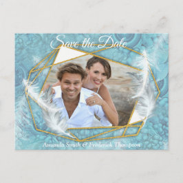 Cartão Postal De Anúncio Mistura de padrão azul, penas e renda branca