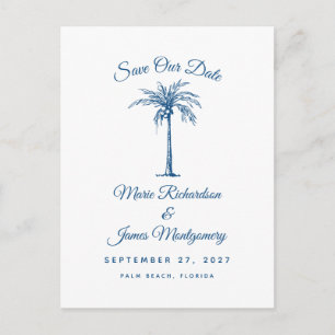 Cartão Postal De Anúncio Modern Blue Beach Wedding Salvar a Data