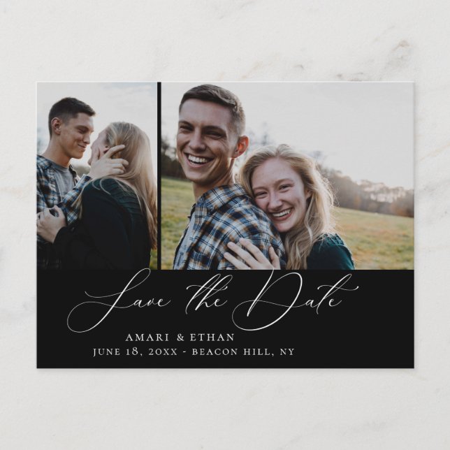 Cartão Postal De Anúncio Modern Boho Calligraphy Multi-Photo Save the Date  (Frente)