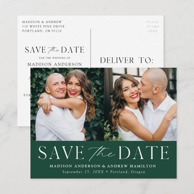 Cartão Postal De Anúncio Modern Elegance Green - Duas fotos salvam a data (Frente/Verso)