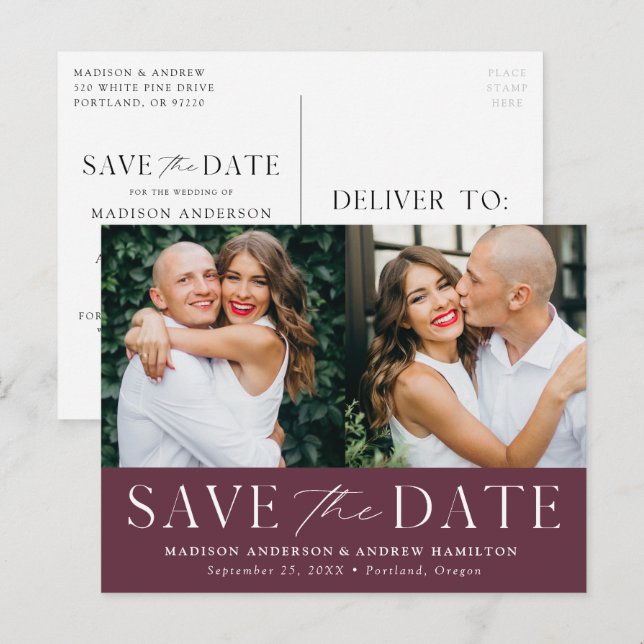 Cartão Postal De Anúncio Modern Elegance Wine Duas fotos salvam a data (Frente/Verso)