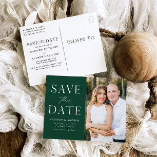 Cartão Postal De Anúncio Modern Elegant Green Photo Save the Date