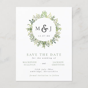 Cartão Postal De Anúncio Modern Greenery Wreath Monograma Casamento Salve O
