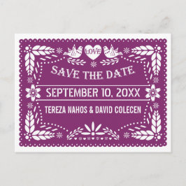 Cartão Postal De Anúncio Modern Papel picado casamento roxo Salve a data