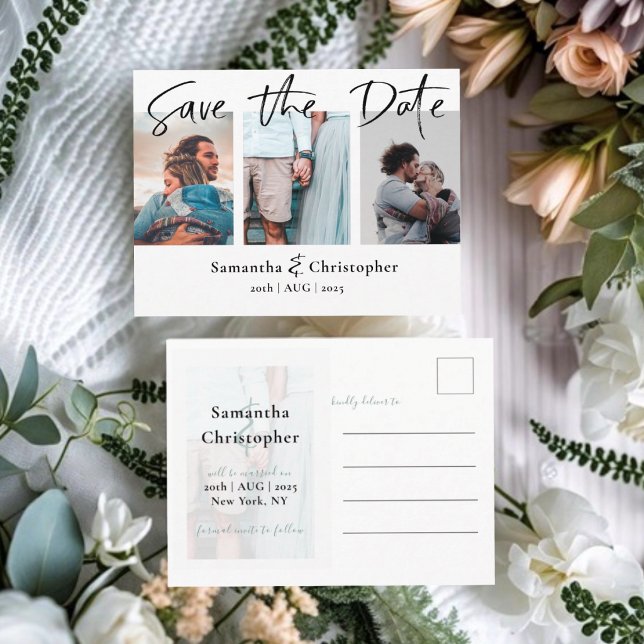 Cartão Postal De Anúncio Modern Save the Date Elegant Script Photo Collage (Criador carregado)