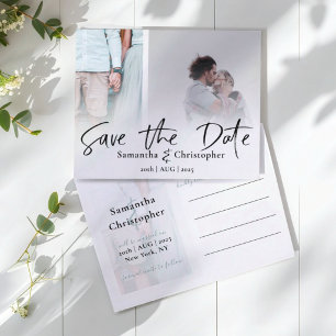 Cartão Postal De Anúncio Modern Save the Date Elegant Script Photo Collage