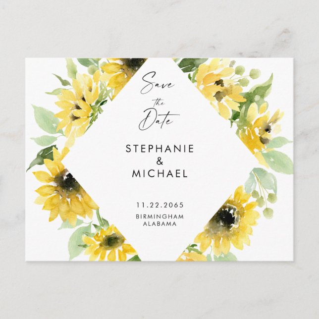 Cartão Postal De Anúncio Modern Sunflower Spray Weding Save the Date Anno (Frente)