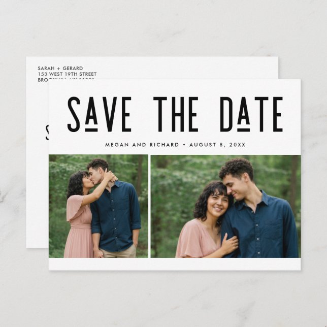 Cartão Postal De Anúncio Modern Two Photo Wedding Save the Date Postcard (Frente/Verso)