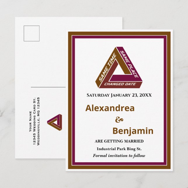 Cartão Postal De Anúncio Modern Wedding Save The Date New Date Card (Frente/Verso)