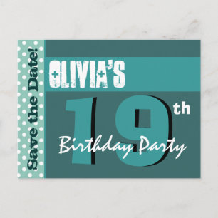 Cartão Postal De Anúncio Moderno 19º aniversário Salve a data Teal Verde W0