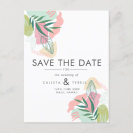 Cartão Postal De Anúncio Moderno Abstrato Tropical Rosa e Verde Salva Casam