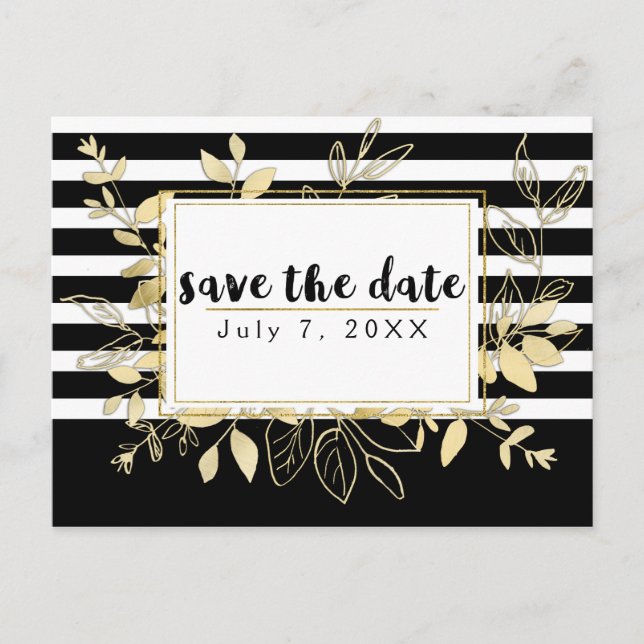 Cartão Postal De Anúncio Moderno Black Gold Botanical Glamour Save the Date (Frente)