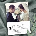 CARTÃO POSTAL DE ANÚNCIO MODERNO BLACK WHITE TYPOGRAPHY FOTO SALVE A DATA<br><div class="desc">Uma coleção perfeita para aqueles que buscam um tema moderno, escandinavo e ousado. Personalize-o com seu nome, sua data de casamento e certifique-se de incluir uma mensagem especial. Muitas designs para escolher e muitos itens com os quais se coordenar. Disponível em 4 cores de fundo - preto, branco, preto em...</div>