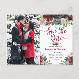 Cartão Postal De Anúncio Moderno Burgundy Floral Marinho Save the Date com 