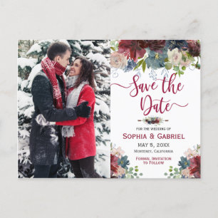 Cartão Postal De Anúncio Moderno Burgundy Floral Marinho Save the Date com 