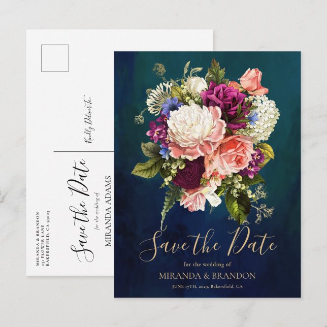 Cartão Postal De Anúncio Moderno Casamento Floral Esmeralda Verde Dourado E (Frente/Verso)