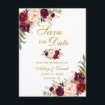 Cartão Postal De Anúncio Moderno Elegante Borgonha Floral Dourado Salve a D<br><div class="desc">Moderno Elegante,  Watercolor Burgundy Marsala Floral,  Salva O Cartão Postal De Noivado</div>