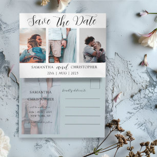Cartão Postal De Anúncio Moderno Save the Date Azul e Branco com 3 Fotos
