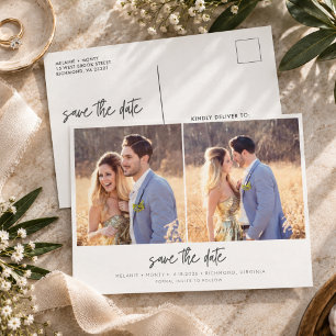 Cartão Postal De Anúncio Moderno Save the Date de Casamento com Duas Fotos