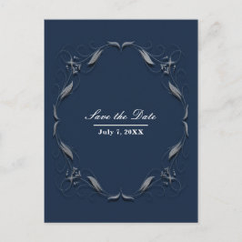 Cartão Postal De Anúncio Moldura Azul e Prata Save the Date de Casamento El