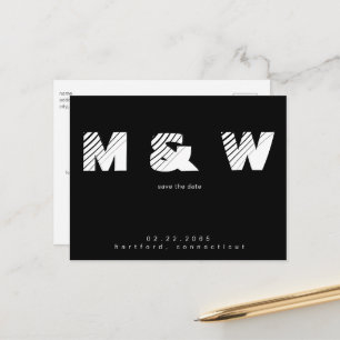 Cartão Postal De Anúncio Monograma Contemporâneo B/W Simples Salvar a Data