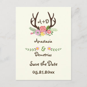 Cartão Postal De Anúncio Monograma de casamento com antlers e flores Save t