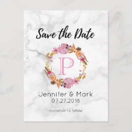 Cartão Postal De Anúncio Monograma Floral bonito Cor-De-Rosa, Salvar A Data
