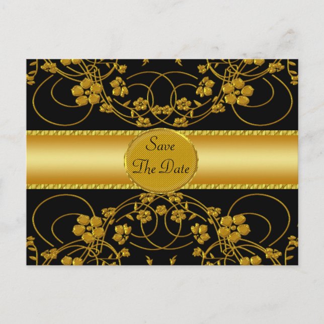 Cartão Postal De Anúncio Monograma Floral de Casamento Dourado e Preto (Frente)