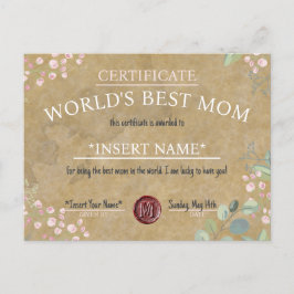 Cartão Postal De Anúncio Mother's Day World's Best Mom Certificate