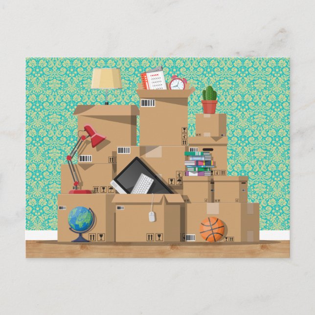 Cartão Postal De Anúncio Movendo Caixas Novo Endereço Doméstico (Frente)