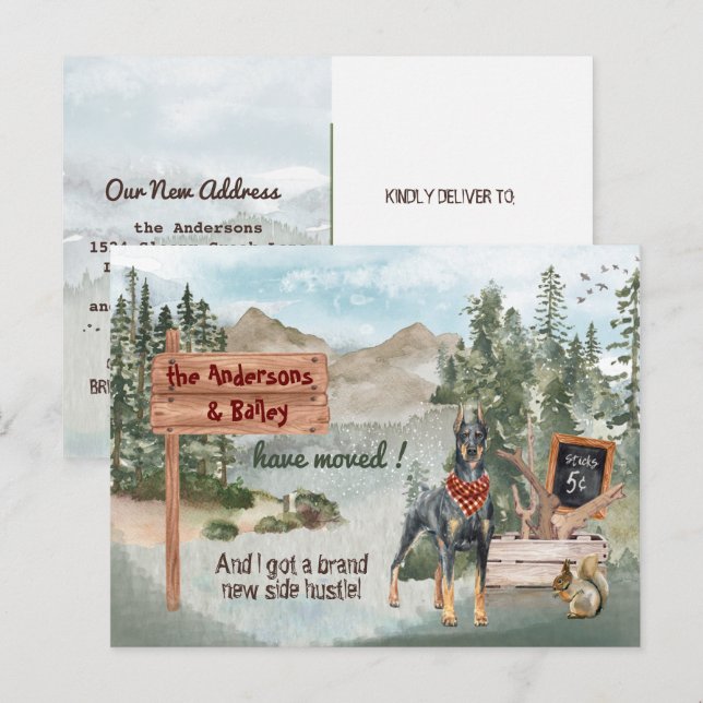 Cartão Postal De Anúncio Movendo o Doberman Pine Woods Novo Endereço (Frente/Verso)