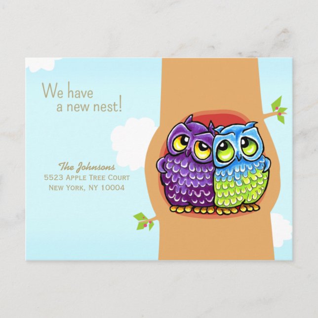 Cartão Postal De Anúncio Movimentado Owls Love Nest Novo Endereço (Frente)