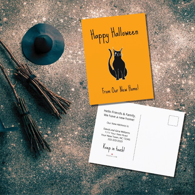 Cartão Postal De Anúncio Movimentamos o Gato Negro do Dia das Bruxas Laranj (Criador carregado)