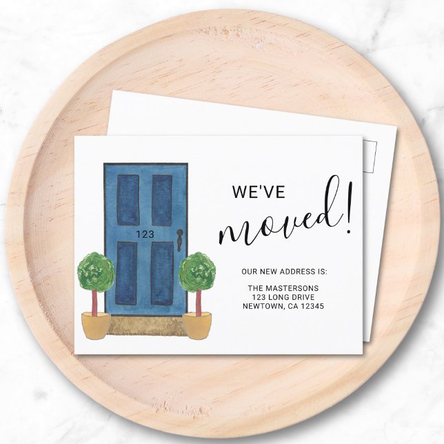 Cartão Postal De Anúncio Mudamos Endereço Novo Porta Azul Aquarela (Criador carregado)