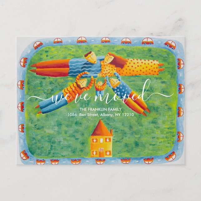 Cartão Postal De Anúncio Mudamos Nova Ilustração da Família Gota Doméstica (Frente)