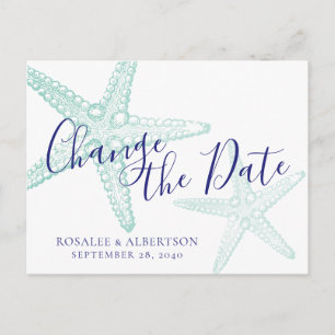 Cartão Postal De Anúncio Mudança de data Casamento de Starfish Teal Beach