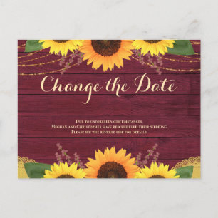 Cartão Postal De Anúncio Mudança de Data de Casamento com Girassóis Rústico