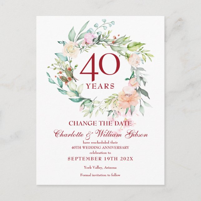 Cartão Postal De Anúncio Mudança de Data do 40º Aniversário de Casamento de (Frente)