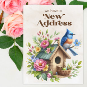 Cartão Postal De Anúncio Mudança de Endereço Casa de Pássaros Azul Flores d