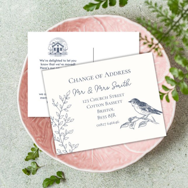 Cartão Postal De Anúncio mudança de endereço do elegante azul de ave e crem (Criador carregado)