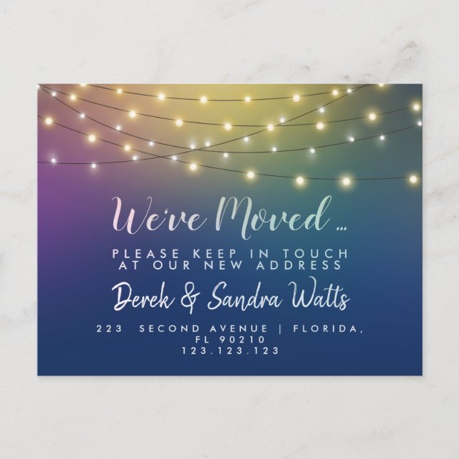 Cartão Postal De Anúncio Mudança de endereço que movemos as luzes do arco-í (Frente)