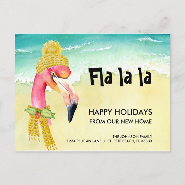 Cartão Postal De Anúncio Mudança de Férias Flamingo de Natal Nova Casa (Frente)