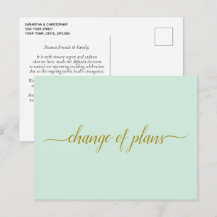 Cartão Postal De Anúncio Mudança de Planos Casamento Adiado Dourado Verde M