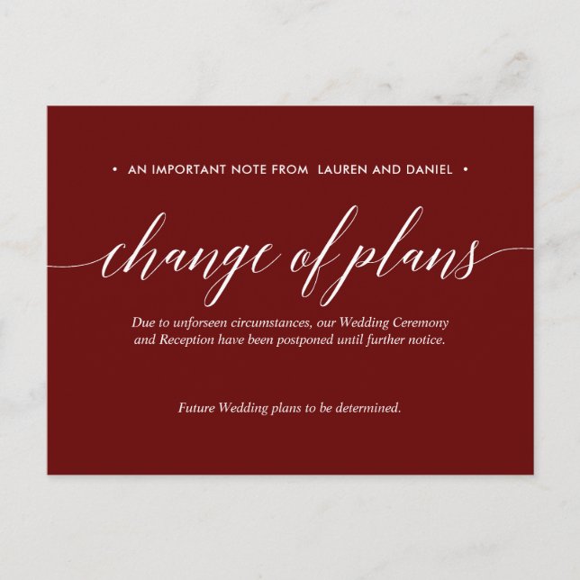 Cartão Postal De Anúncio Mudança de planos de Merlot Casamento adiado Cance (Frente)