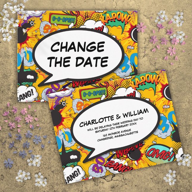 Cartão Postal De Anúncio Mudar a Data Adiada Banda Desenhada Moderna (Change The Date Postponed Modern Comic Book Announcement Postcard)