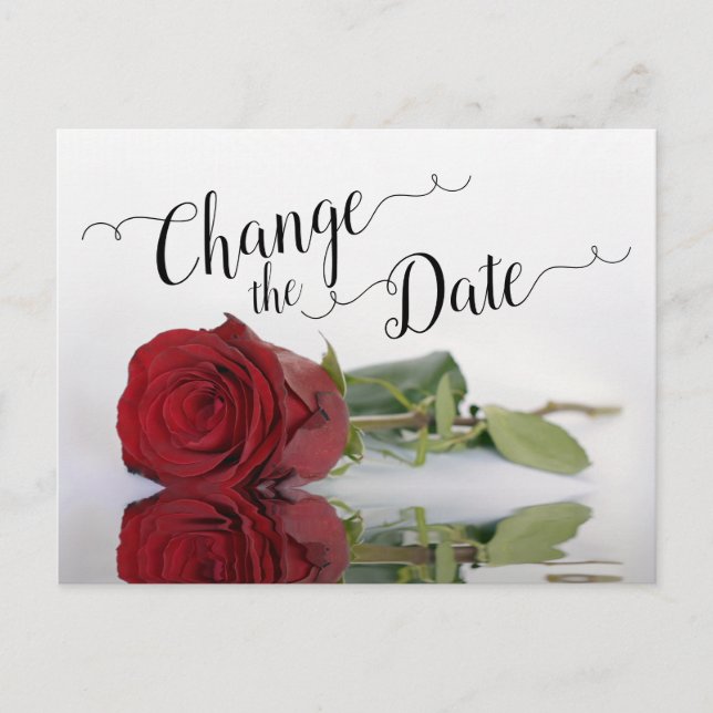 Cartão Postal De Anúncio Mudar a Data Elegante Rosa Vermelha Casamento Adia (Frente)