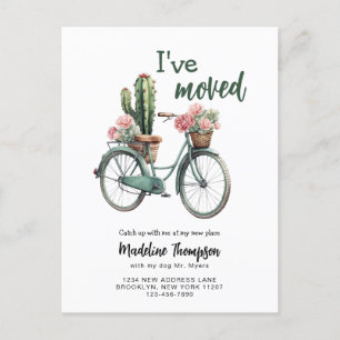 Cartão Postal De Anúncio Mudei Floral Cactus Bicicleta Aquarela Mudança
